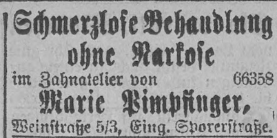 Maria Pimpfinger – Anzeige von 1891, in: Münchner Neueste Nachrichten 44. Jg., Nr. 104 vom 06.04.1891